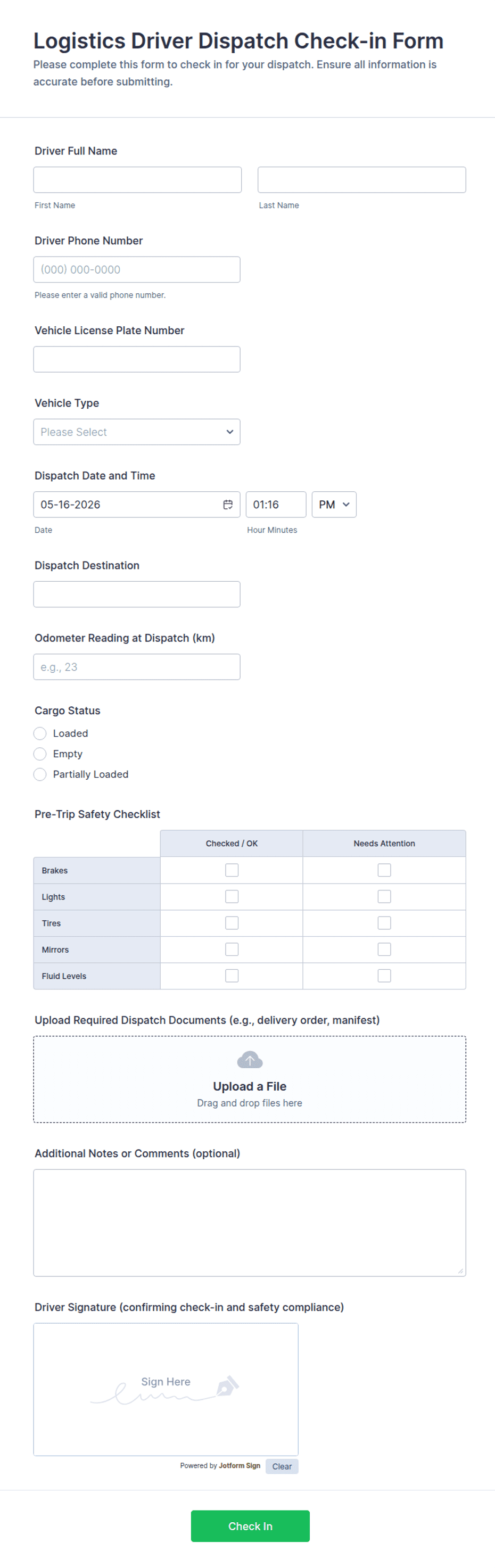 Logistics Driver Dispatch Check-in Form Template | Jotform