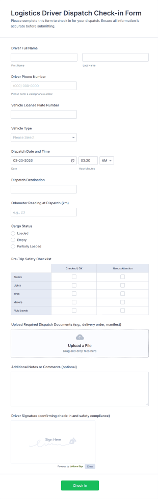 Logistics Driver Dispatch Check In Form Template
