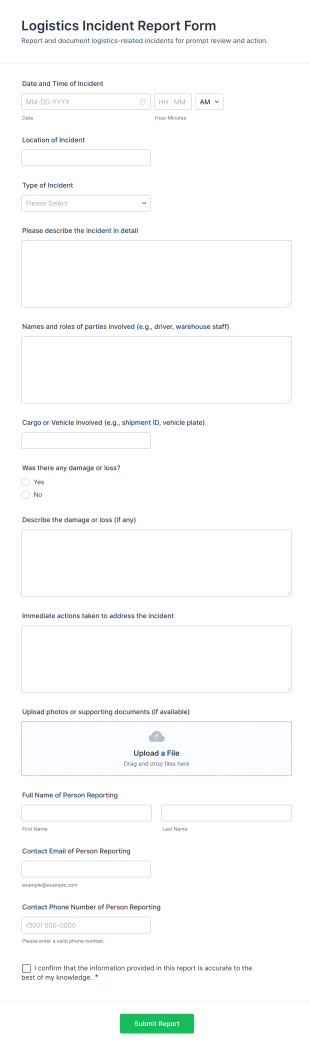 Logistics Incident Report Form Template