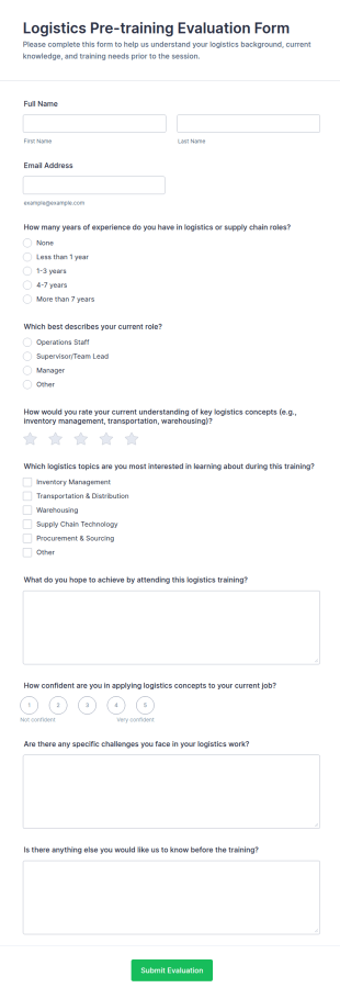 Logistics Pre Training Evaluation Form Template