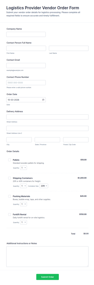 Logistics Provider Vendor Order Form Template