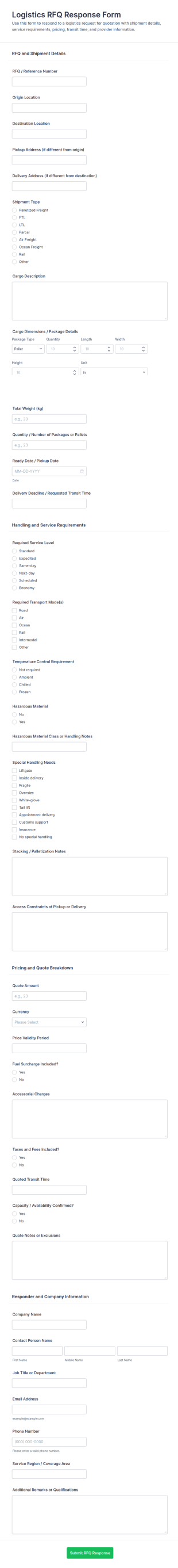 Logistics RFQ Response Form Template