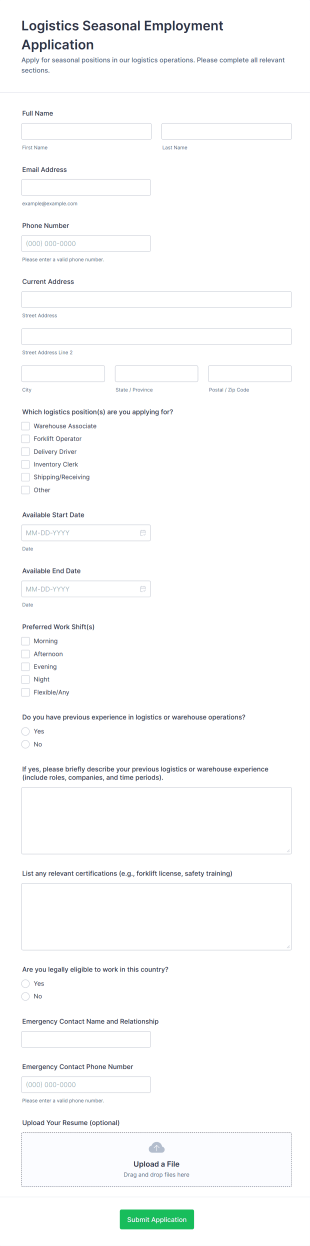 Logistics Seasonal Employment Application Form Template