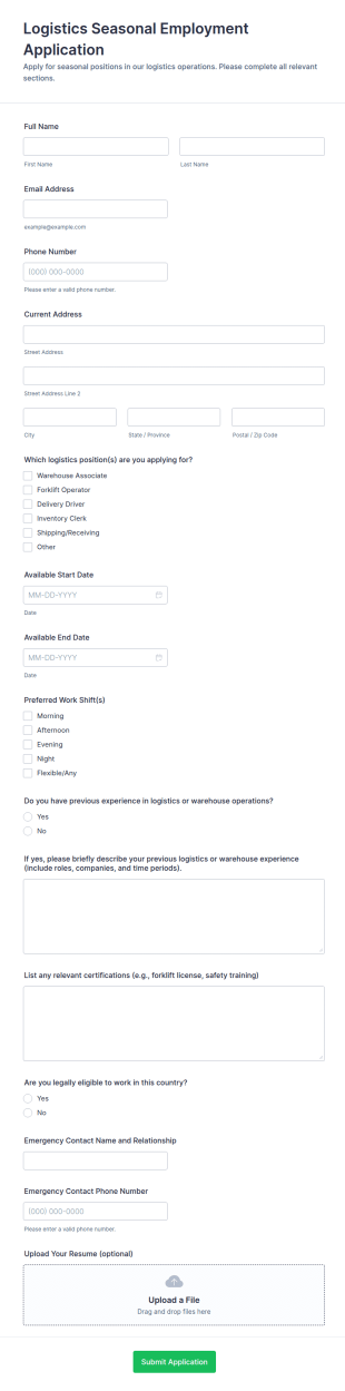 Logistics Seasonal Employment Application Form Template