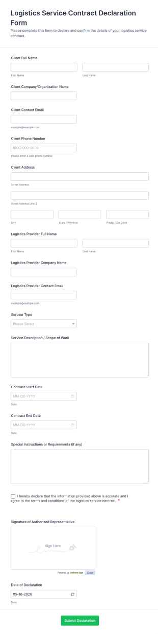 Logistics Service Contract Declaration Form Template