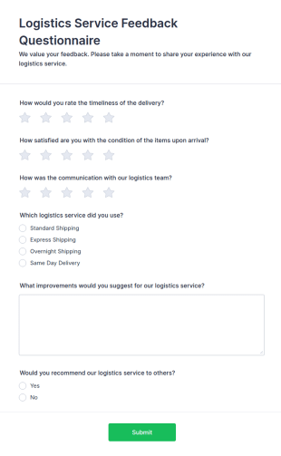 Logistics Service Feedback Questionnaire Form Template