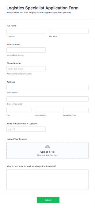 Logistics Specialist Application Form Template