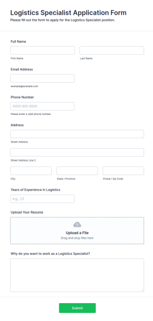 Logistics Specialist Application Form Template