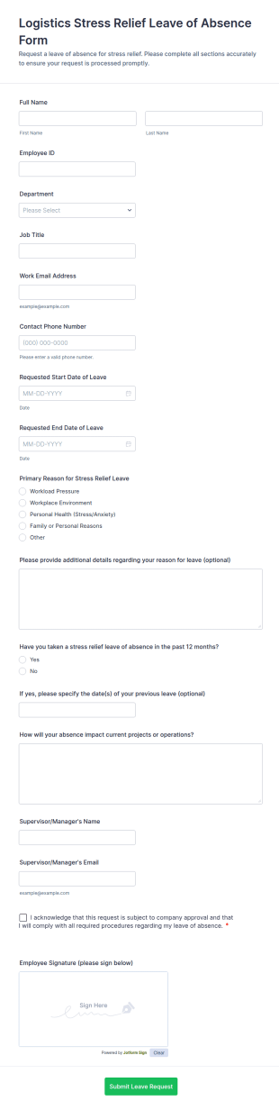Logistics Stress Relief Leave Of Absence Form Template