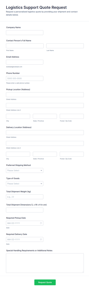 Logistics Support Quote Request Form Template