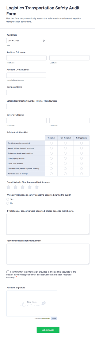 Logistics Transportation Safety Audit Form Template