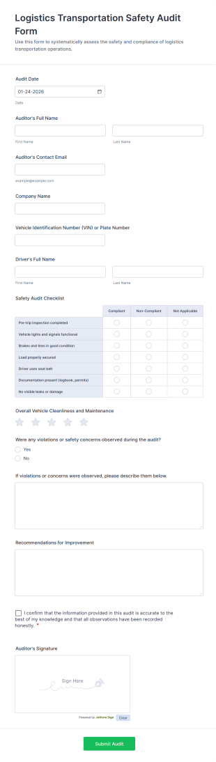 Logistics Transportation Safety Audit Form Template