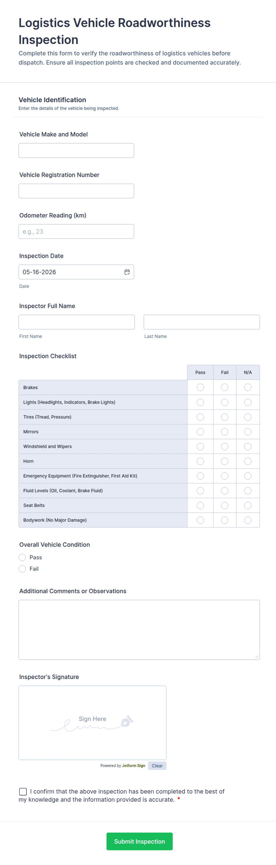 Roadside Inspection Form Logistics Vehicle Roadworthiness Inspection Form Template | Jotform