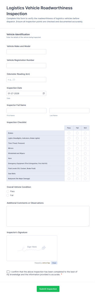 Logistics Vehicle Roadworthiness Inspection Form Template