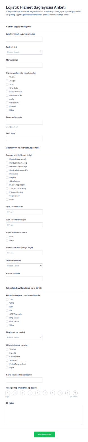 Lojistik Hizmet Sağlayıcı Anketi Form Şablonu