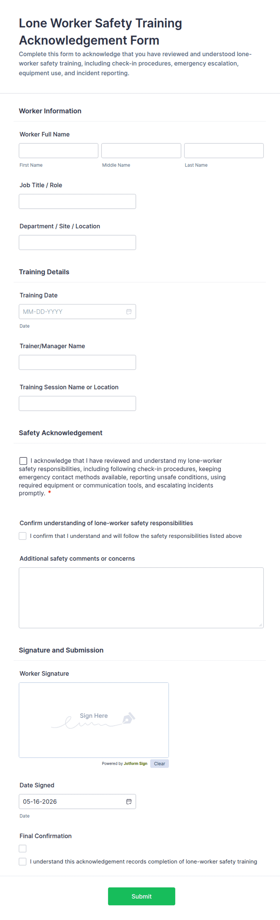 Lone Worker Safety Training Acknowledgement Form Template | Jotform