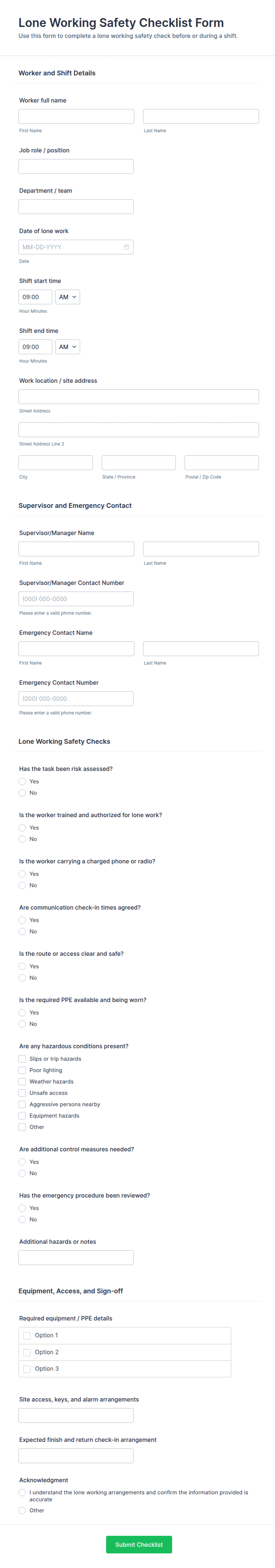 Lone Working Safety Checklist Form Template | Jotform