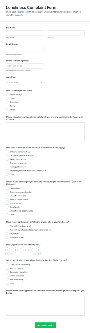 Loneliness Complaint Form Template