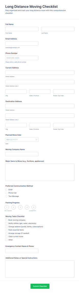 Long Distance Moving Checklist Form Template