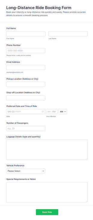 Long Distance Ride Booking Form Template