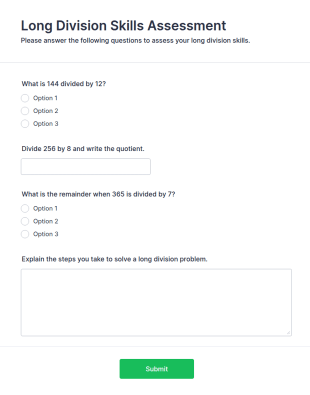 Long Division Skills Assessment Form Template