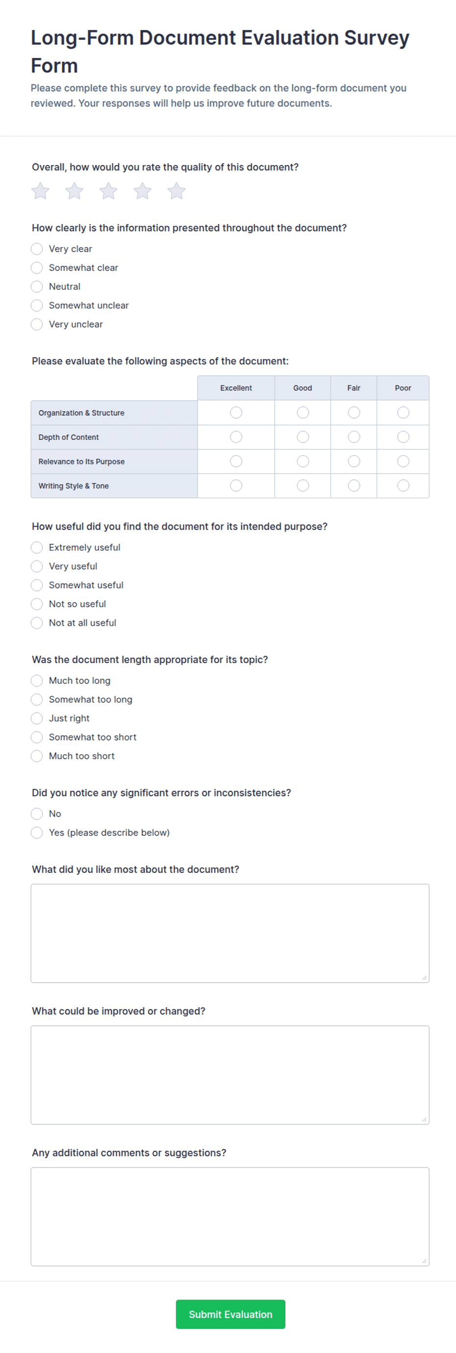 Long-Form Document Evaluation Survey Form Template | Jotform