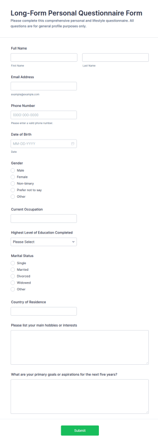 Long Form Personal Questionnaire Form