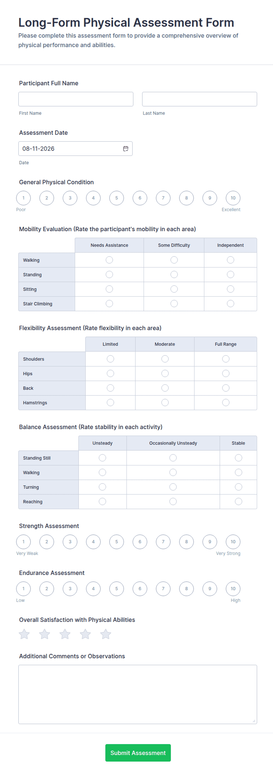 Long-Form Physical Assessment Form Template | Jotform