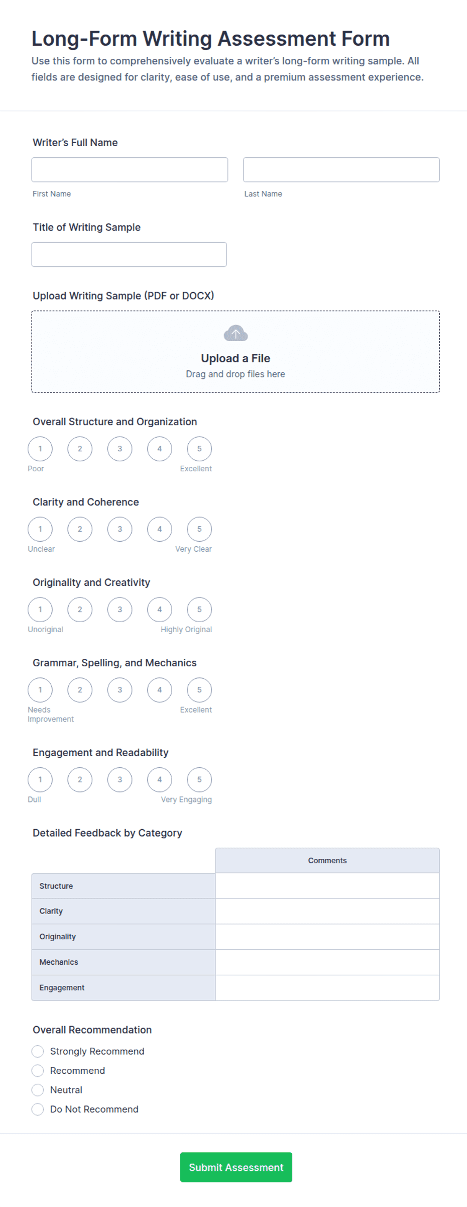 Long-Form Writing Assessment Form Template | Jotform