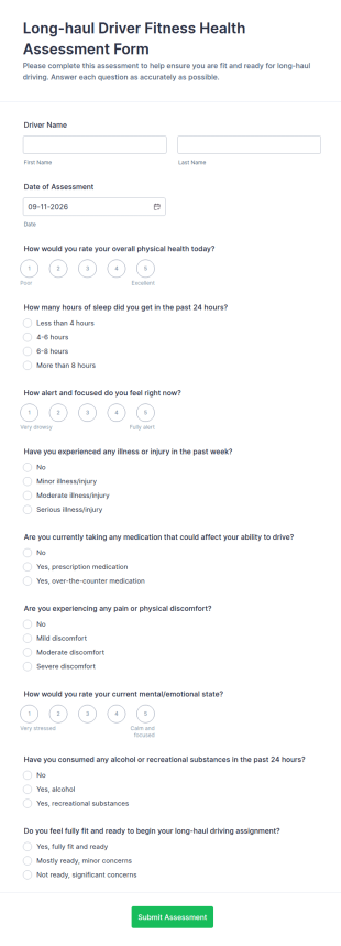 Long Haul Driver Fitness Health Assessment Form Template