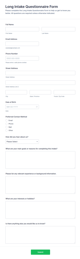 Long Intake Questionnaire Form Template