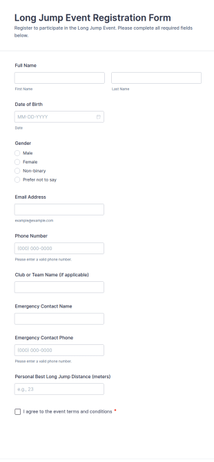 Long Jump Event Registration Form Template