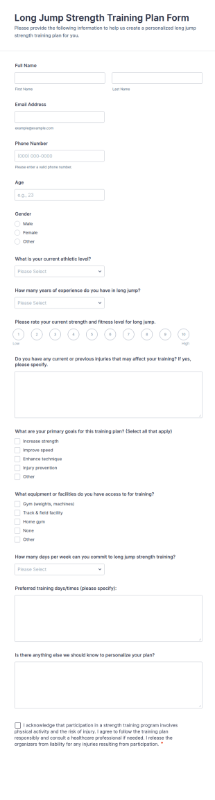 Long Jump Strength Training Plan Form Template