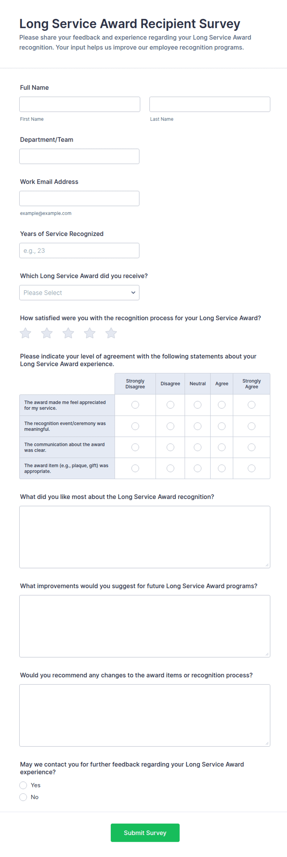 Long Service Award Recipient Survey Form Template | Jotform