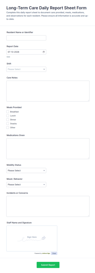 Long Term Care Daily Report Sheet Form Template