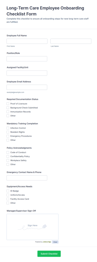 Long Term Care Employee Onboarding Checklist Form Template