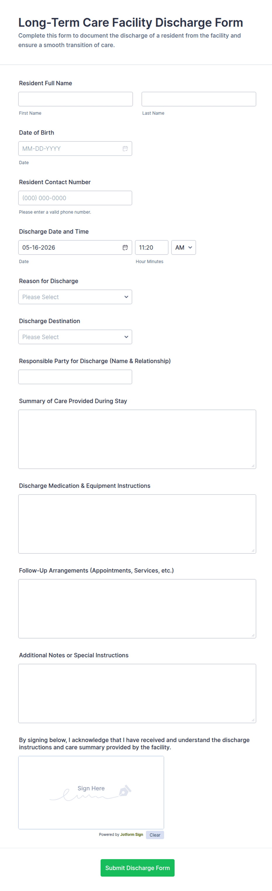 Long-Term Care Facility Discharge Form Template | Jotform