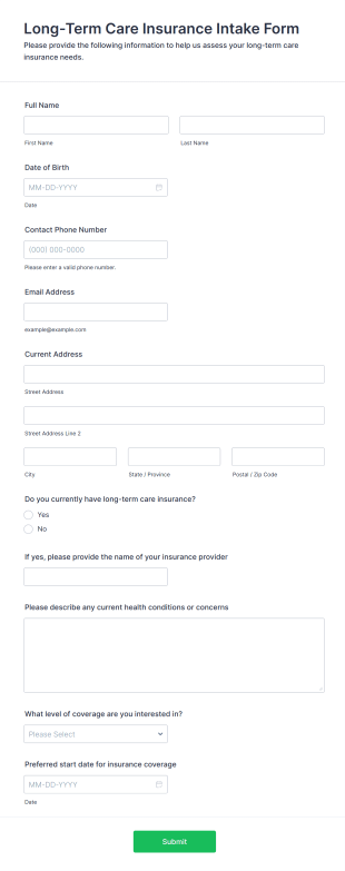 Long Term Care Insurance Intake Form Form Template