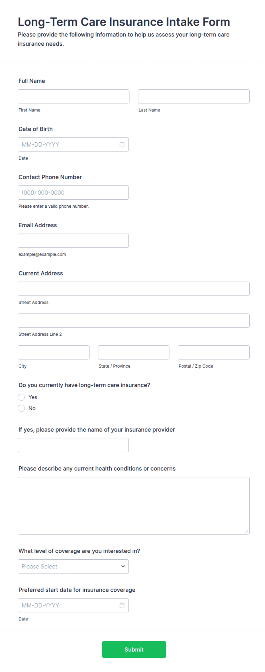 Long-Term Care Insurance Intake Form Template | Jotform
