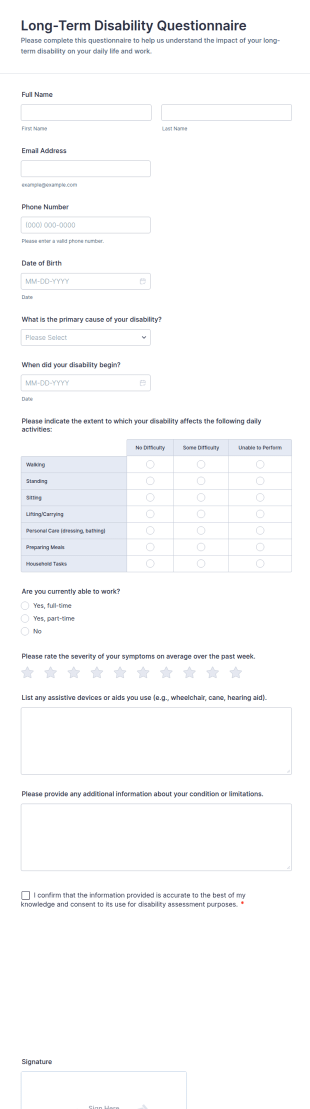 Long Term Disability Questionnaire Form Template