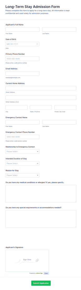 Long Term Stay Admission Form Template
