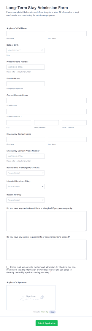 Long Term Stay Admission Form Template