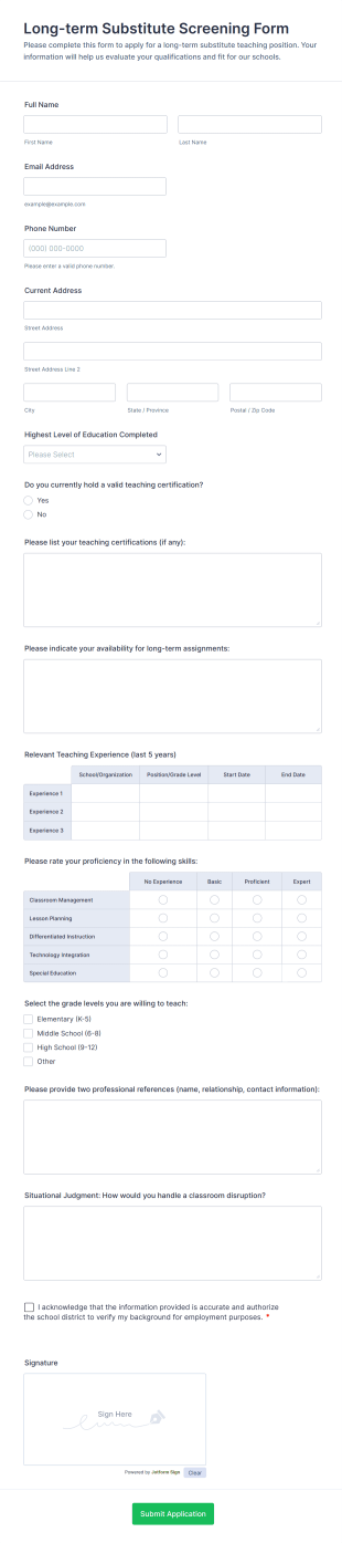 Long Term Substitute Screening Form Form Template