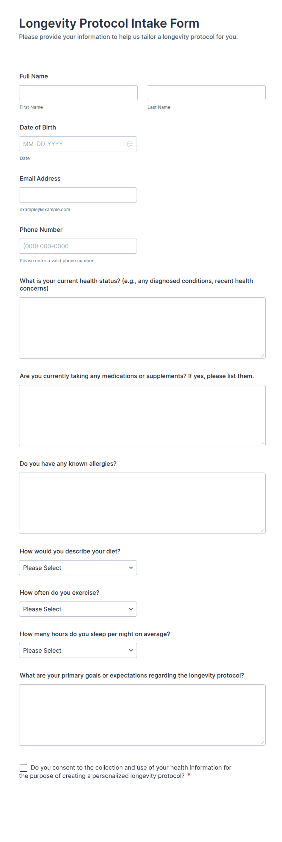 Life Intake Form Examples Longevity Protocol Intake Form Template | Jotform