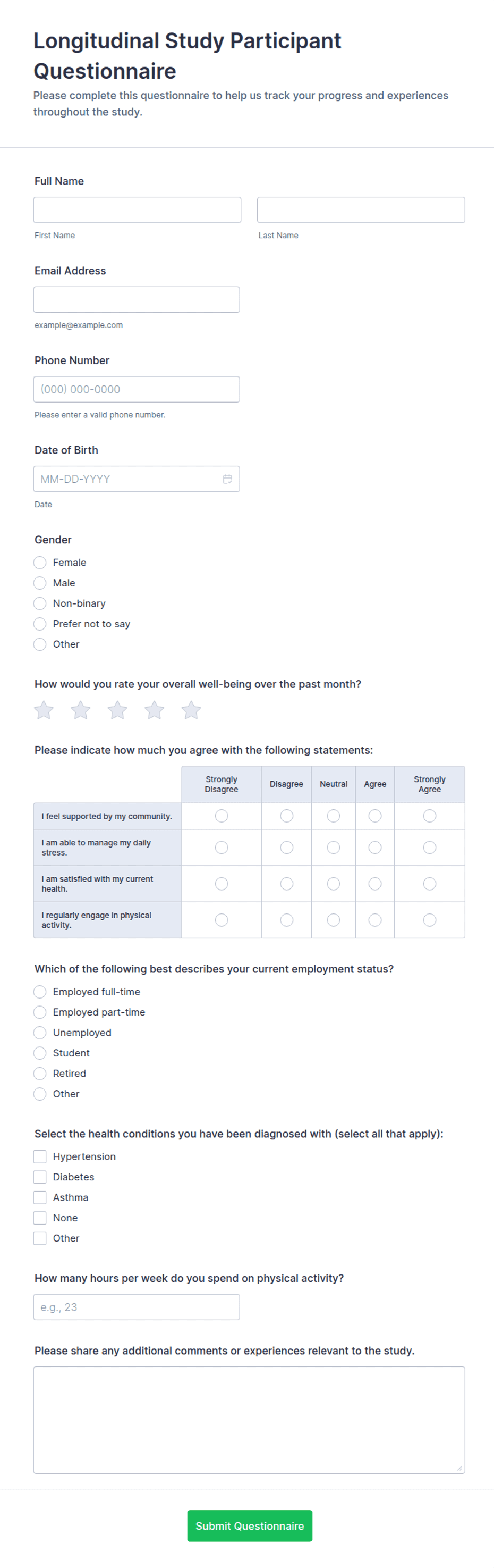 Longitudinal Study Participant Questionnaire Form Template | Jotform