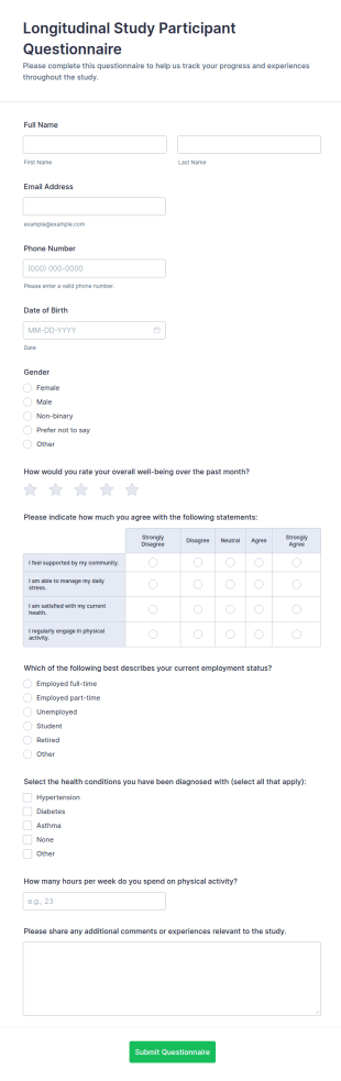 Longitudinal Study Participant Questionnaire Form Template