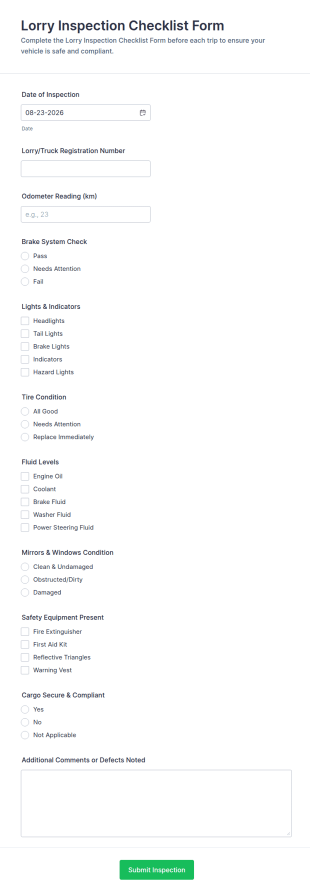 Lorry Inspection Checklist Form Template