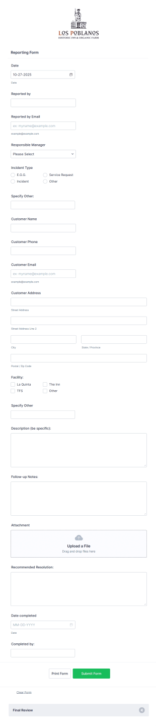 Customer Incident Reporting Form Template