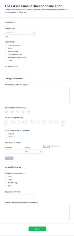 Loss Assessment Questionnaire Form Template