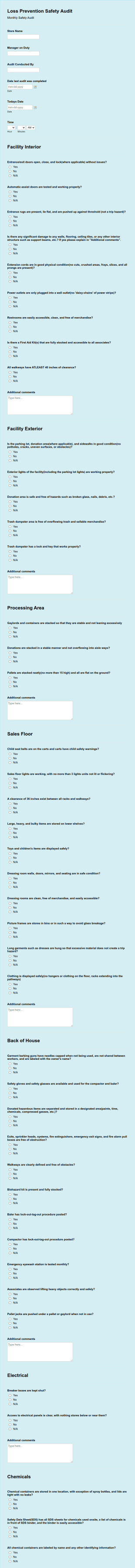 Loss Prevention Safety Audit Form Template